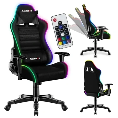 Image de huzaro Ranger 6.0 RVB Tissu Eclairage LED Chaise Gaming Jusqu&#039;à 130 kg Réglable Appuie tête Soutien Lombaire Ergonomique Noir