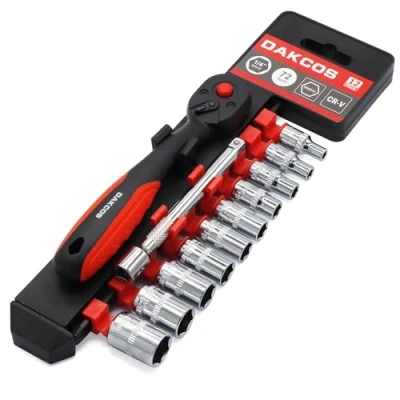 Image de DAKCOS 12pc Douille longue 1/4 avec cle à cliquet réversible 72 dents et barre d&#039;extension 100 mm, jeu de douilles 4 13 mm