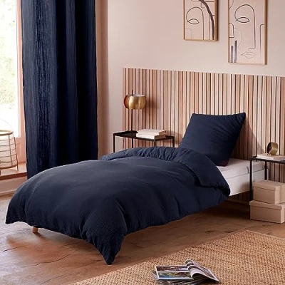 Image de Parure de couette Noah Gaze coton 140 x 200 pour lit 1 place Bleu Nuit