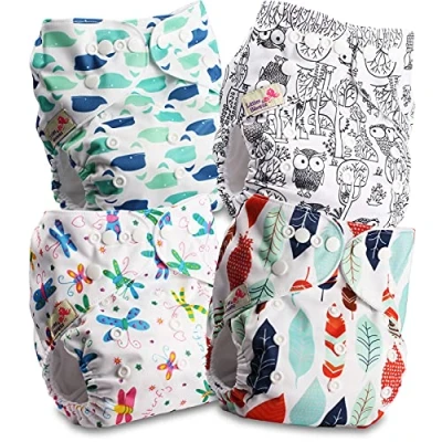 Image de Littles &amp; Bloomz Lot de 4 Bébé Couches Réutilisables en Tissu Couche Lavable à Poche avec Bouton Pression, FLP2 0409
