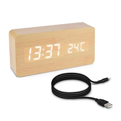 Image de kwmobile Réveil Bois LED Horloge Digitale Aspect Matin Tactile avec Fonction Date Heure Température Rectangle Beige et Blanc