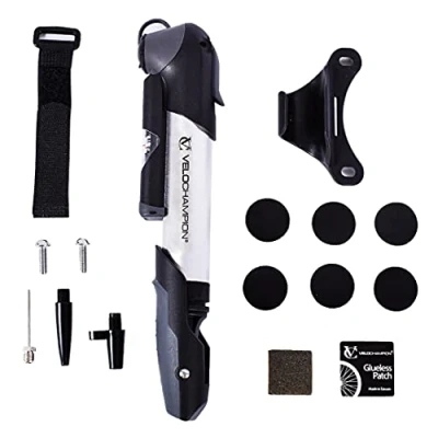 Image de VeloChampion Mini Pompe a Velo avec Manometre pour Presta SV Schrader AV Dunlop DV Kit de Raccordement sans Colle, Support à vélo, Accessoires Velo, Ballon Aiguille, Embout gonflage