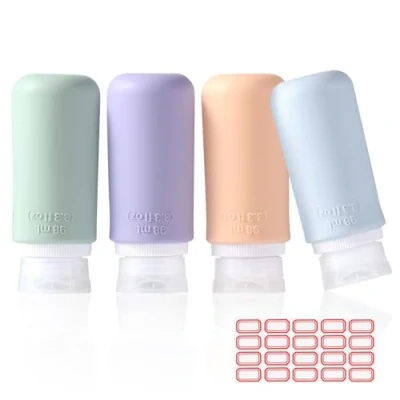 Image de Diboniur Flacon Voyage en Silicone, 4 Pièces Pompe Vide avec 1 autocollants vierges, Anti Fuite, Kit Avion pour Shampoo, Creme, Liquidi e Lotion (98ml)