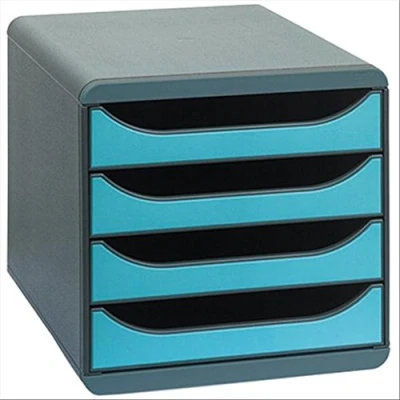 Image de Exacompta Réf. 310782D BIG BOX Caisson 4 tiroirs pour document A4+ Dimensions extérieures : Profondeur 34,70 x largeur 27,80 Hauteur 26,70cm Noir/Bleu turquoise