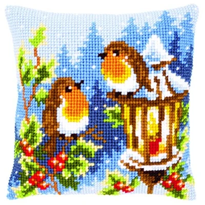 Image de Kit coussin au point de croix Rouges gorges, Taille unique, Écru