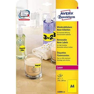 Image de Avery Dennison Zweckform L600620 amovible Néon Étiquettes A4 Lot de 25/210 x 297 mm 25 feuilles jaune fluo