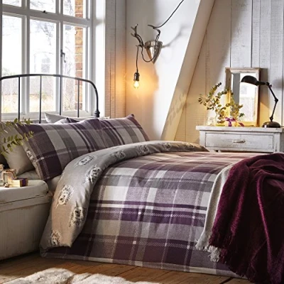 Image de Dreams &amp; Drapes Colville Check Parure de Lit 100% Coton brossé Prune Super King Size