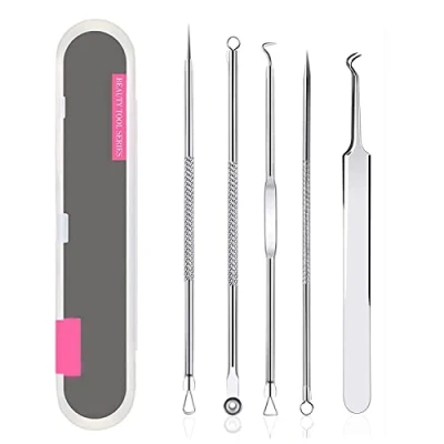 Image de lumcov Blackhead Remover Outil,Extracteur Point Noir,Pimple Extractor,Professionnel D&#039;acné Aiguille Tire Comédons Pince avec Boite(Argent)