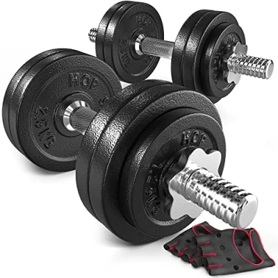 Image de Hop Sport Haltères de musculation en fonte 30 kg, kit d&#039;haltère 2 x 15 kg avec deux barres d&#039;haltères courtes 40 cm et un jeu disques