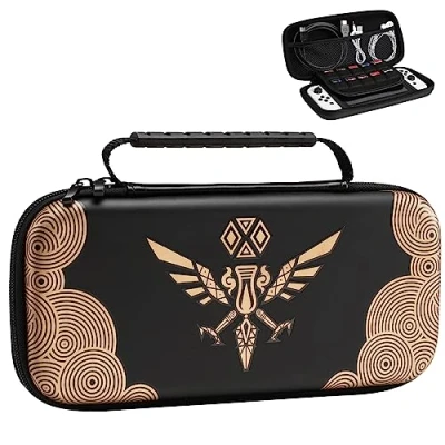 Image de TiMOVO Housse de Protection Compatible avec Nintendo Switch OLED Modèle 2021&amp;Switch, Zelda: Tears of The Kingdom Étui Rangement pour Manette&amp;Accessoire 10Fente Carte Jeu, Aigle Noir Or