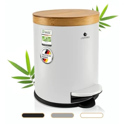Image de Exitoso poubelle de salle bain, blanche, 5 l, avec couvercle en bois bambou et système d&#039;abaissement automatique, coussinet antidérapant, à pédale, bain