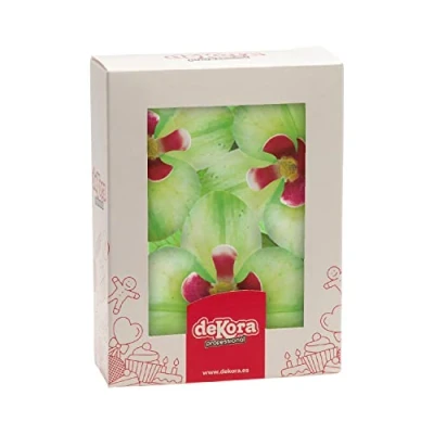 Image de Dekora Boîte de 10 Gaufrettes Orchidées pour Décoration Fleurs Comestibles Gâteaux d&#039;Anniversaire Couleur Vert 7,5 x 8,5 cm
