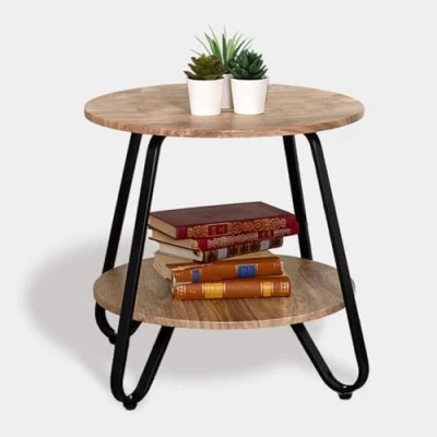 Image de Meuble COSY Table d&#039;Appoint Ronde Bouts de canapé Design à 2 Niveaux Guéridon Scandinave Salon, Chambre en Bois Cadre Acier Robuste, Chêne, 46x46x45cm