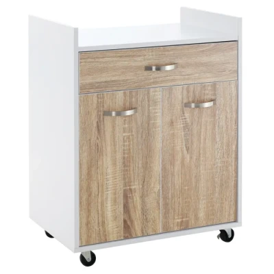 Image de HOMCOM Chariot de Service desserte Cuisine à roulettes tiroir Placard 2 Portes étagère Panneaux Particules Blanc Aspect chêne Clair