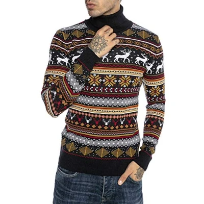 Image de RED BRIDGE Pull tricoté pour Homme Chandail norvégien à col roulé Bleu XL