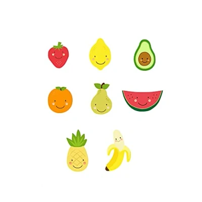 Image de 8 genouillères d&#039;enfants sérigraphiées à repasser sur les vêtements. Applications thermoadhésives pour la réparation et décoration de pantalons, vestes, pulls, sacs dos, etc. (Fruits)