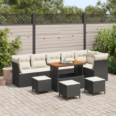Image de Set de canapés jardin 10 pièces avec coussins Noir Rotin Synthétique Acacia, Ensemble salle à manger 4 3361510