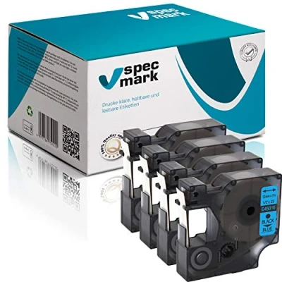 Image de specmark Lot de 4 rubans encreurs compatibles avec DYMO D1 45016 S0720500 12 mm x 7 m Noir sur bleu Compatible LM Label Manager LP Point LW Writer DUO