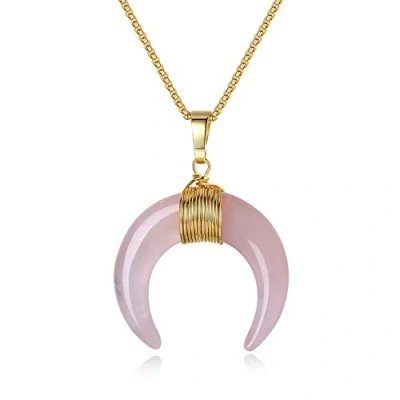 Image de COAI Collier Acier Inoxydable Pendentif Double Corne Pierres Véritables Quartz Rose Femme