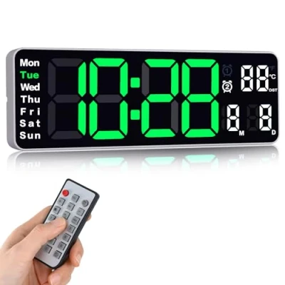 Image de Fuloon Horloge Murale Numérique LED avec Télécommande Positif Compte à Rebours Luminosité Réglable Pendules Murales pour Salon Cuisine Bureau Gymnase (13 Pouces, Céladon)