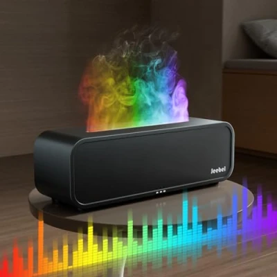 Image de Jeebel Diffuseur d&#039;Arômes pour Huiles Essentielles, à Détection Rythme avec Variation Flamme RGB/Télécommande/7Modes/Minuterie, 250ml Mini Humidificateur Aromathérapie de Maison Chambre