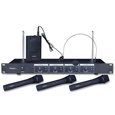 Image de Ibiza VHF4 Système de Micro sans Fil avec 3 Main VHF, 1 tête VHF et récepteur 4 canaux 202.1, 203.5, 205.8 &amp; 207.5MHz Noir
