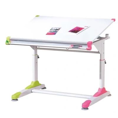 Image de Inter Link Bureau réglable en hauteur pour enfant élève Inclinaison Rangement Blanc avec applications roses et vertes 2Colorido