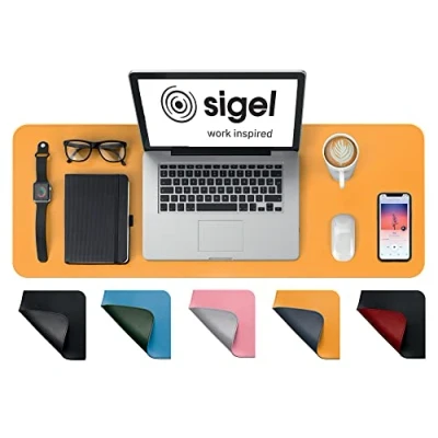 Image de SIGEL SA601 Sous main végétalien, portable, en cuir PU, antidérapant, essuyable, double face, 80 x 30 cm, jaune/gris