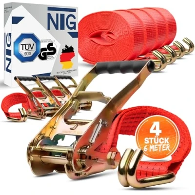 Image de NTG Lot de 4 Sangles d&#039;arrimage 6 m pour 5t (2500/5000 daN, KG) avec cliquet et Crochet Deux pièces 50 mm à