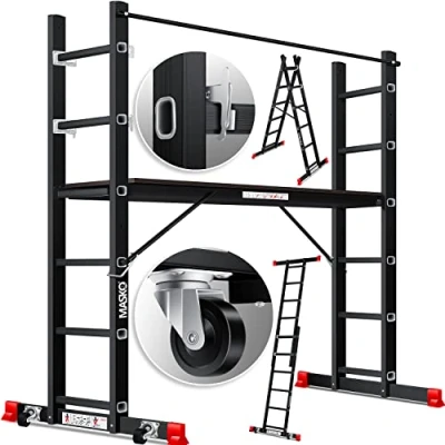 Image de Masko® Echafaudage de Construction en Aluminium, Cadre échelle, Plate Forme Travail, jusqu&#039;à 150 kg, revêtement antidérapant, échelle d&#039;échafaudage, certifié GS (en 131)