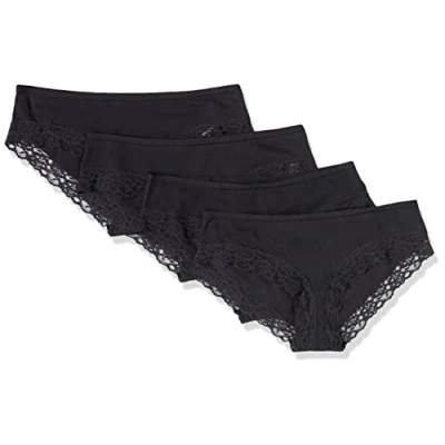 Image de Amazon Essentials Sous Vêtements Style Hipster en Coton et Dentelle Femme, Lot de 4, Noir, 38