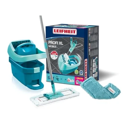 Image de Leifheit Kit Profi XL Essore housse avec roulettes, lave sol, housses micro duo &amp; static plus, seau et balai serpillère simples à utiliser mécanisme d&#039;essorage intégré