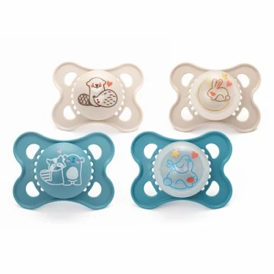 Image de MAM Original Start Lot de 4 tétines jour et nuit 0 à 6 mois Comprend 2 phosphorescentes Design orthodontique Accessoires pour bébé Bleu (différents modèles)