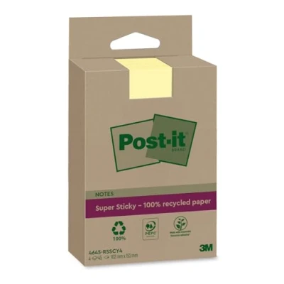 Image de Post it Notes Super Sticky Recyclées XXL, Jaune Canari, Lignées 4 Blocs, 45 Feuilles par Bloc, 102 mm x 152 Extra collantes Fabriquées à partir de Papier 100 % Recyclé