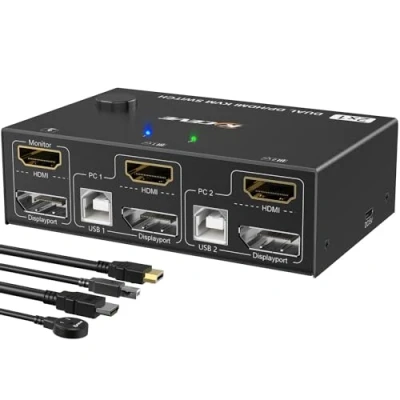 Image de Commutateur KVM double écran HDMI + Displayport 4K @ 60 Hz, 2K 120 Hz MLEEDA DP Extended Display Switch pour 2 PC partager moniteurs et 4 ports USB 2.0, télécommande par câble câbles
