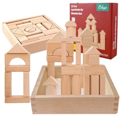 Image de qmyawka Blocs de Construction en Bois Naturel,Cubes à Empiler Enfant,Cube Bois,22 Formes et Tailles Différentes,Construction Bois,Bloc pour 3+ Ans