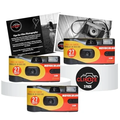 Image de Appareil photo jetable avec Novocolor APM401010 à usage unique 27 poses x3 et carte d&#039;astuces jetables Clikoze pour photographie