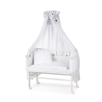 Image de WALDIN Lit cododo berceau tout équipé pour,bois blanc laqué,16 modèles disponibles,Surface de couchage extra large : l 90 x 55,couleur du textile blanc/astre gris