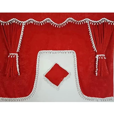 Image de Sertplas Rideaux de camion Convient pour toutes les marques Décoration d&#039;intérieur Pompons blancs et rouges