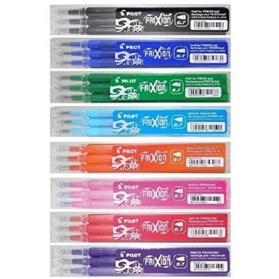 Image de Pilot Lot de 8 sets recharges pour stylo roller effaçable Frixion, 1 chaque couleur, noir, orange, bleu, vert, violet, rose, bleu clair et rouge BLS FR7