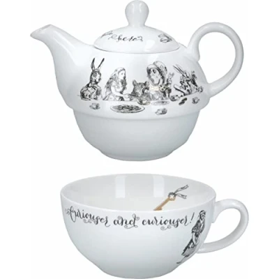 Image de V&amp;A Alice Au Pays Des Merveilles Théière Et Tasse Pour 1 Dans Un Coffret Cadeau, Service À Thé En Porcelaine Fine, Blanc, 250 Ml