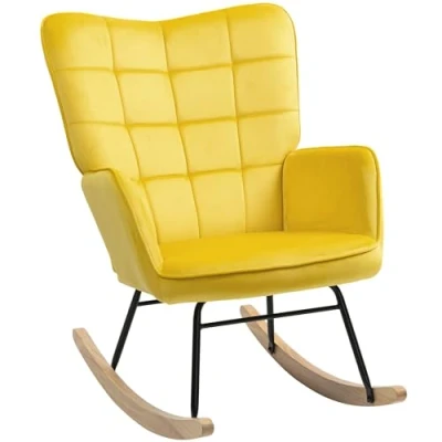 Image de HOMCOM Fauteuil à Bascule, Rocking Chair, revêtement en velous, Allaitement, Chaise basule, Structure Acier, Pieds Bois Massif, Jaune