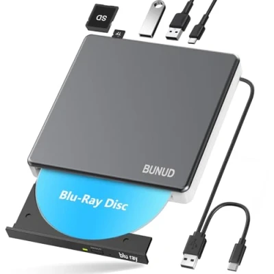 Image de Lecteur Blu Ray CD DVD Externe USB 3.0 &amp; Type C CD/DVD Graveur Writer avec 2 SD/TF Slots, Optical 3D BD Bluray pour PC Portable Windows 11/10 Mac MacBook