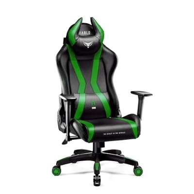 Image de Diablo X Horn Chaise Gaming Siege Fauteuil Bureau Accoudoirs 3D Design Ergonomique Oreiller Cou Coussin Lombaire Skaï Fonction d&#039;inclinaison Noir Vert Normal (L)