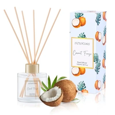 Image de Diffuseur de Parfum 100ml Noix Coco,Diffuseur Maison avec 6 Bâtonnets en Fibre,Batonnets pour Chambre,Salon,Salle Bain,étagère,Bureau