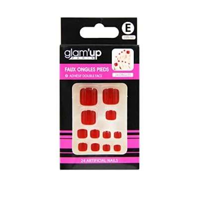 Image de Glam’Up Paris Faux Ongles Pieds Pleine Couverture Facile à Utiliser 24 par Boîte + Adhésifs Double Face Forme Carrée Arrondie N192 Rouge