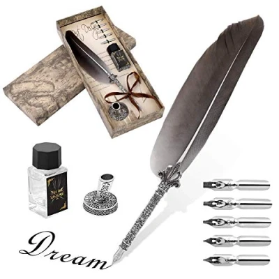 Image de Ejoyous 0.5mm Stylo Dip à Plume avec Pot d&#039;encre, Rétro de Calligraphie 5 Plumes Rechange, Set Quill pour Écriture ou , Noir