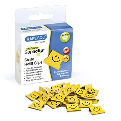 Image de Rapesco 1380 Supaclip 40 Pinces de Recharge Souriantes, Jaune, Lot 100