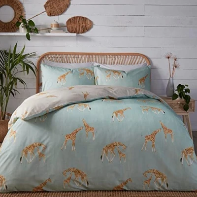Image de Fusion Housse de Couette Motif Girafe Bleu Canard King Size (230 x 220 cm) Design réversible Parure lit Animaux du Zoo Gris et avec imprimé girafes Fermeture à Pression Cadeaux