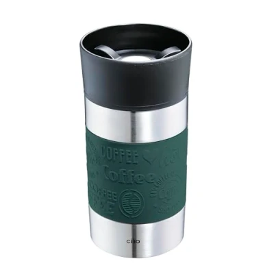 Image de Cilio Viaggio Gobelet isotherme, en acier inoxydable, à emporter, couvercle plastique, fermeture 360, système double paroi incassable, anti fuite, 300 ml, hauteur : 15,5 cm, vert foncé